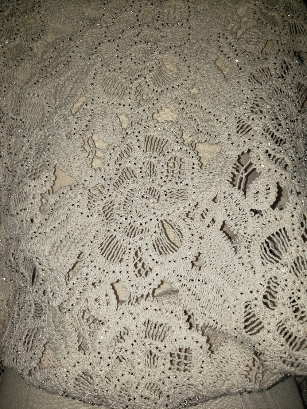 Super Rare Edwardian Handmade Cotton Crochet Sequin Scallop Kimono Sleeve Crop